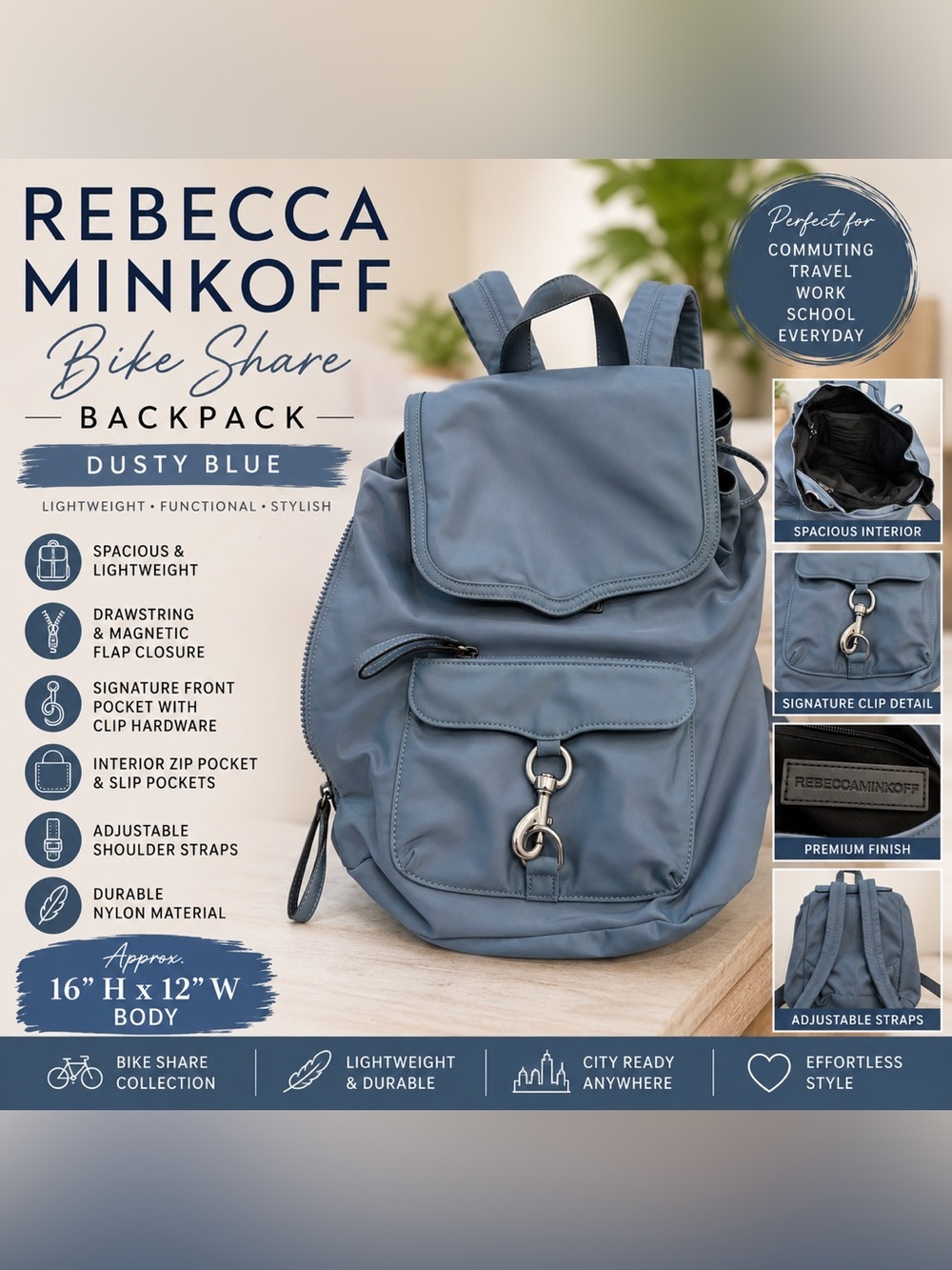 Rebecca Minkoff Bike Share Nylon Backpack Dusty Blue Utility Travel Bag